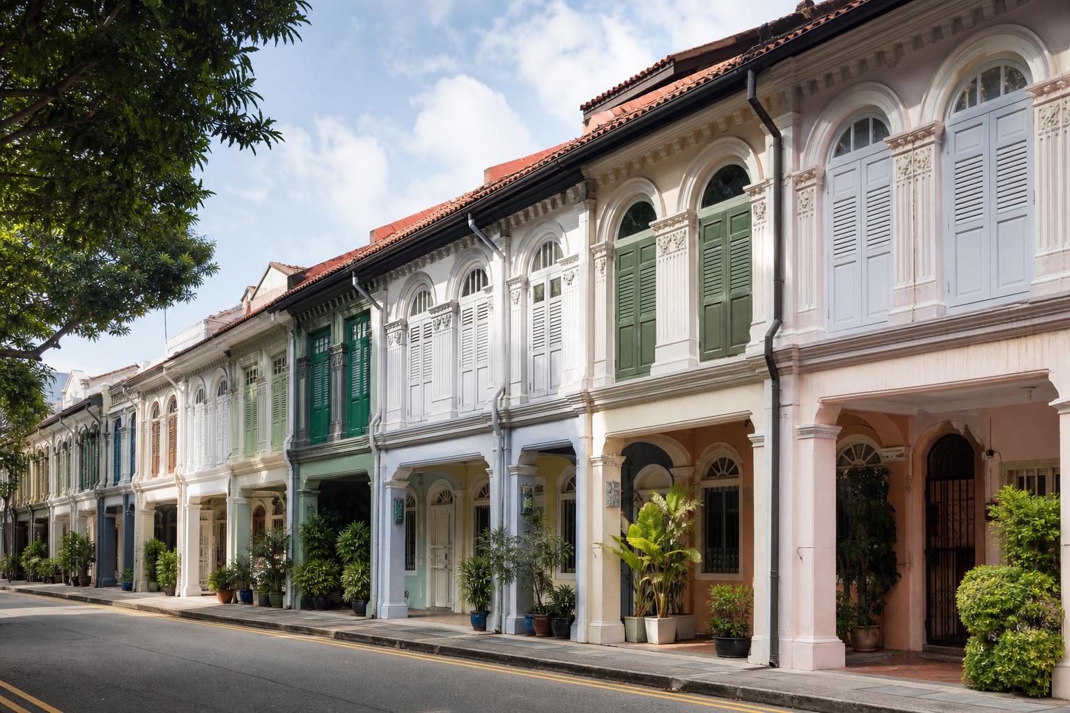 Row of conserved Singapore shophouses representing the 1H 2026 landed-shophouse market review