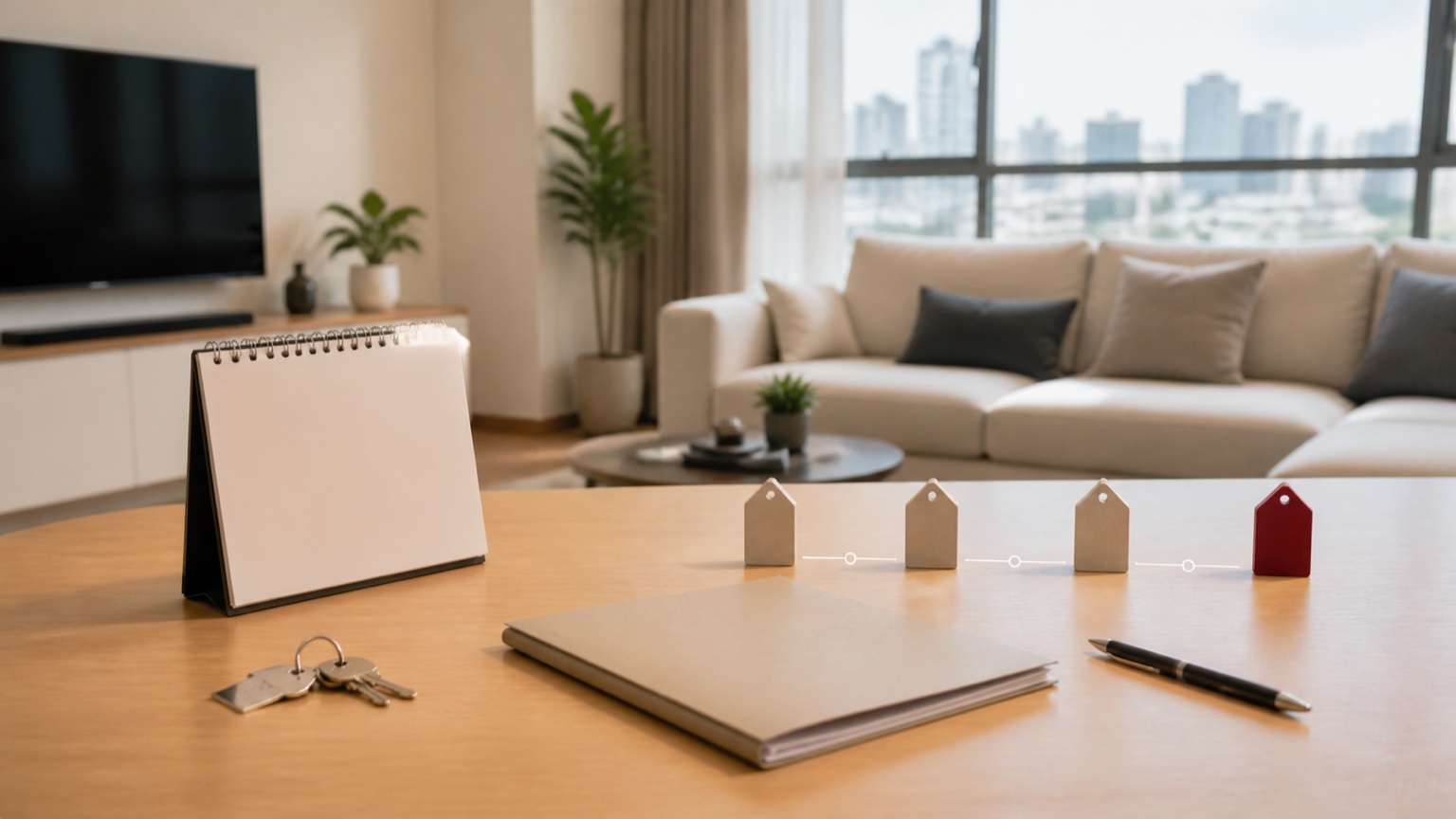 Resale condo purchase timeline represented by property documents, keys and milestone markers