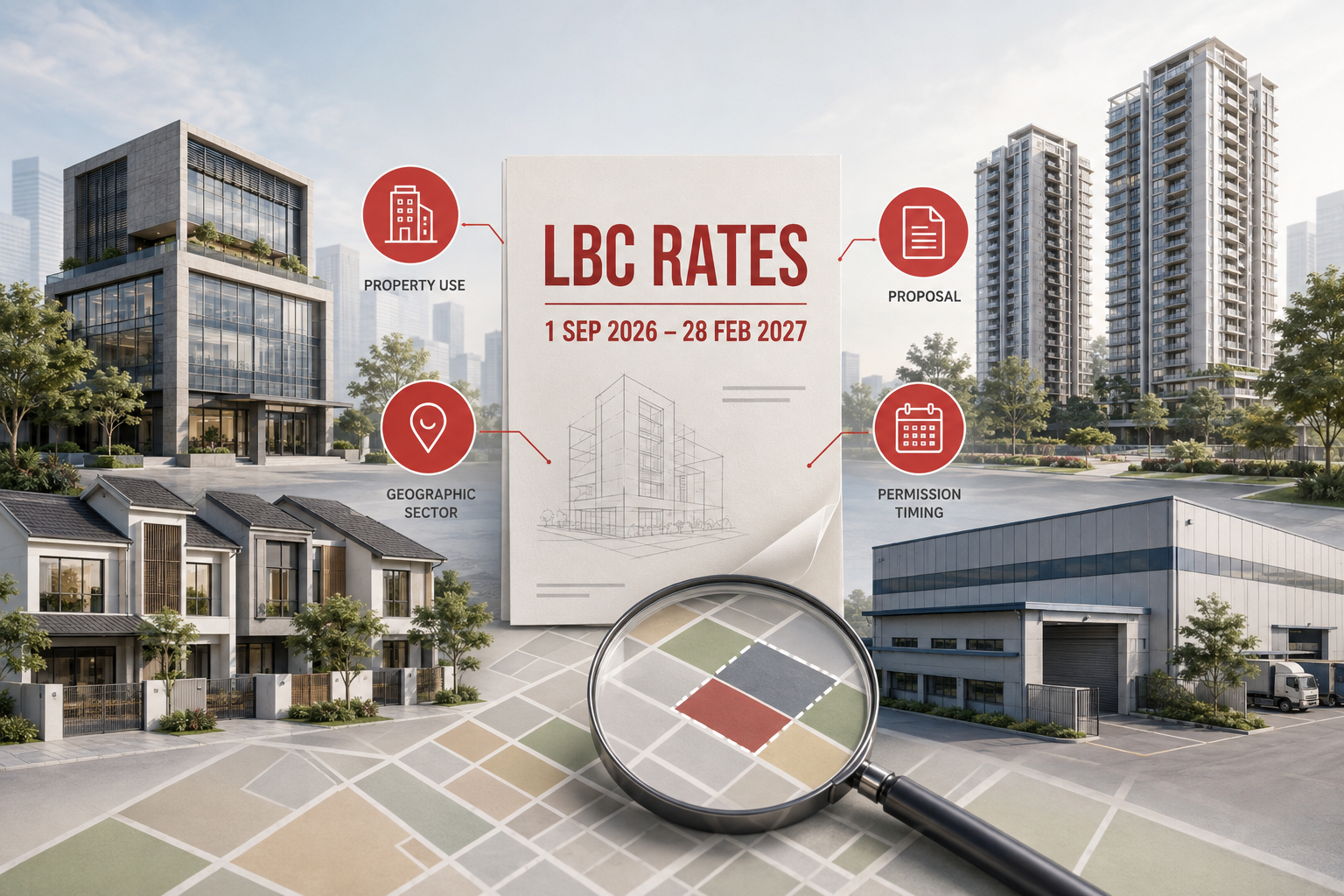 Editorial illustration of Singapore commercial, landed, condominium and industrial properties beside a September 2026 Land Betterment Charge review document