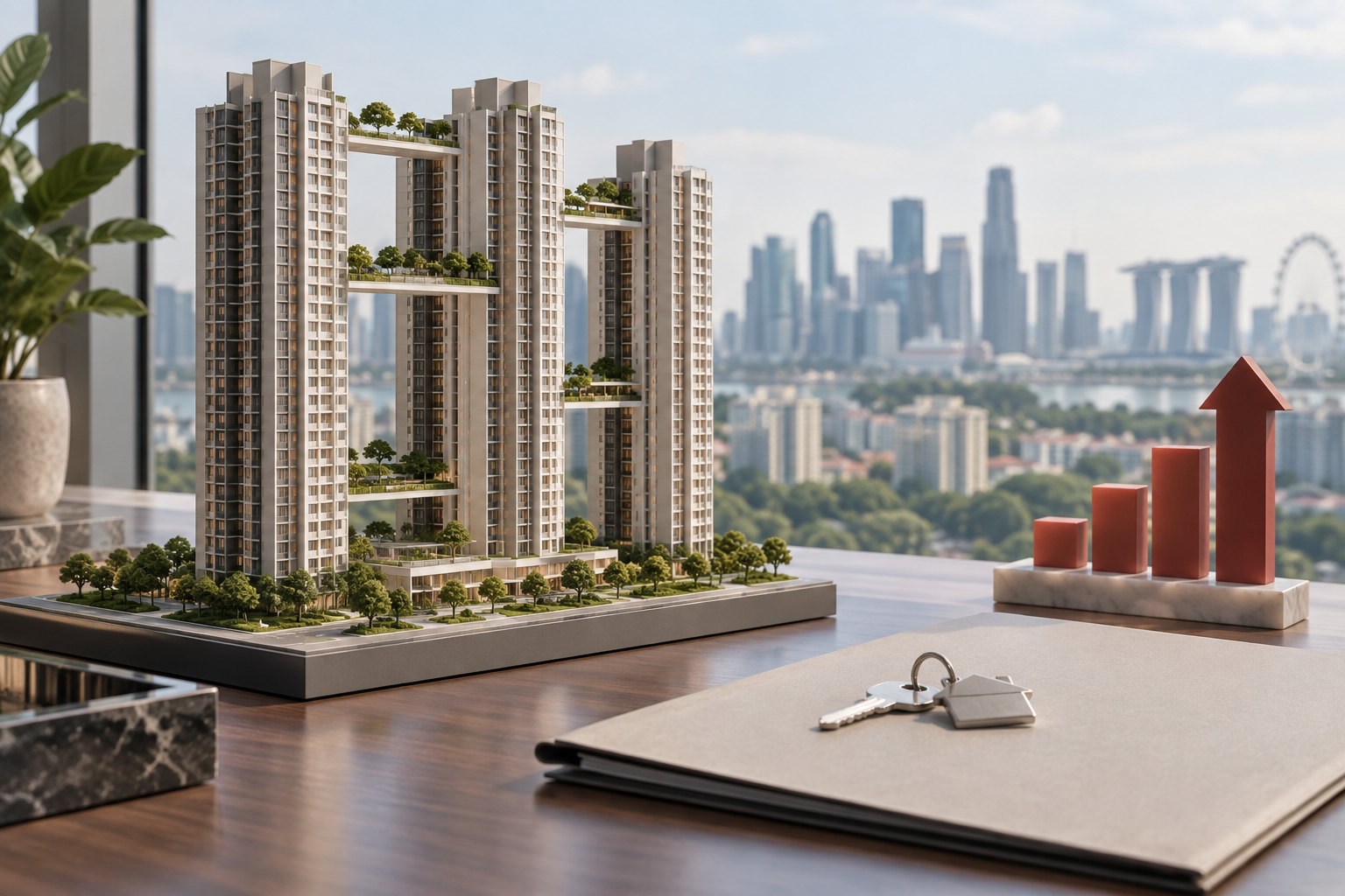 Architectural model of a city-centre public housing development with keys and an upward market marker
