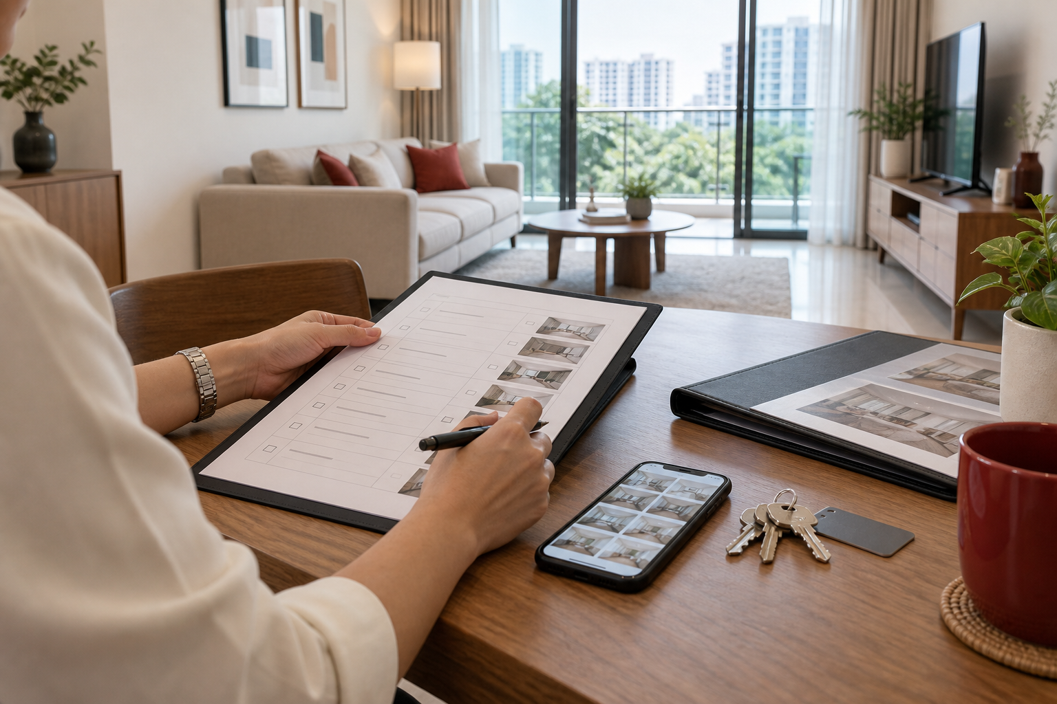 Singapore landlord reviewing an end-of-tenancy condition checklist, inventory records and returned keys for a whole residential unit