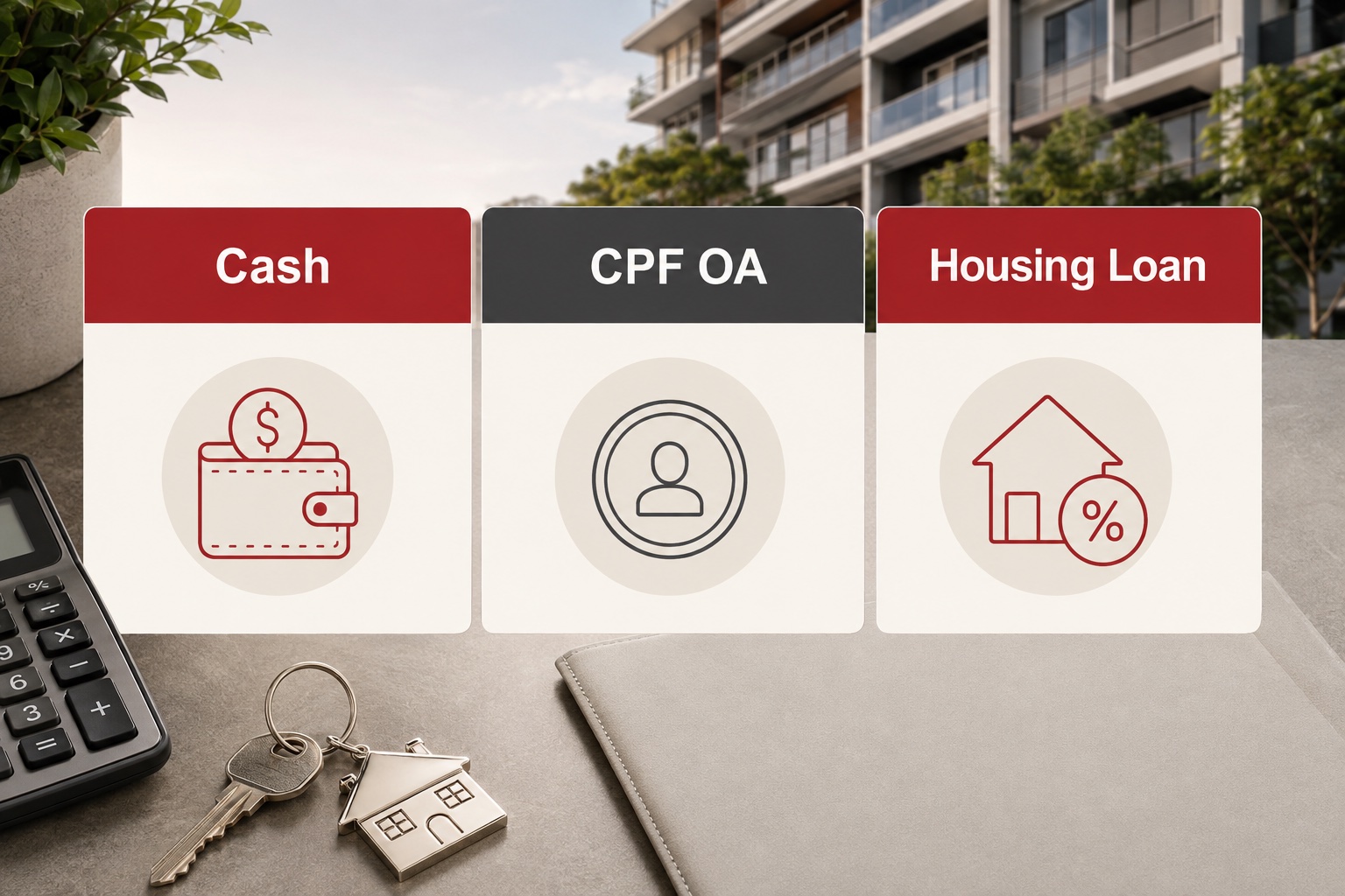 Private-property buyer comparing cash, CPF Ordinary Account savings and a housing loan before purchase