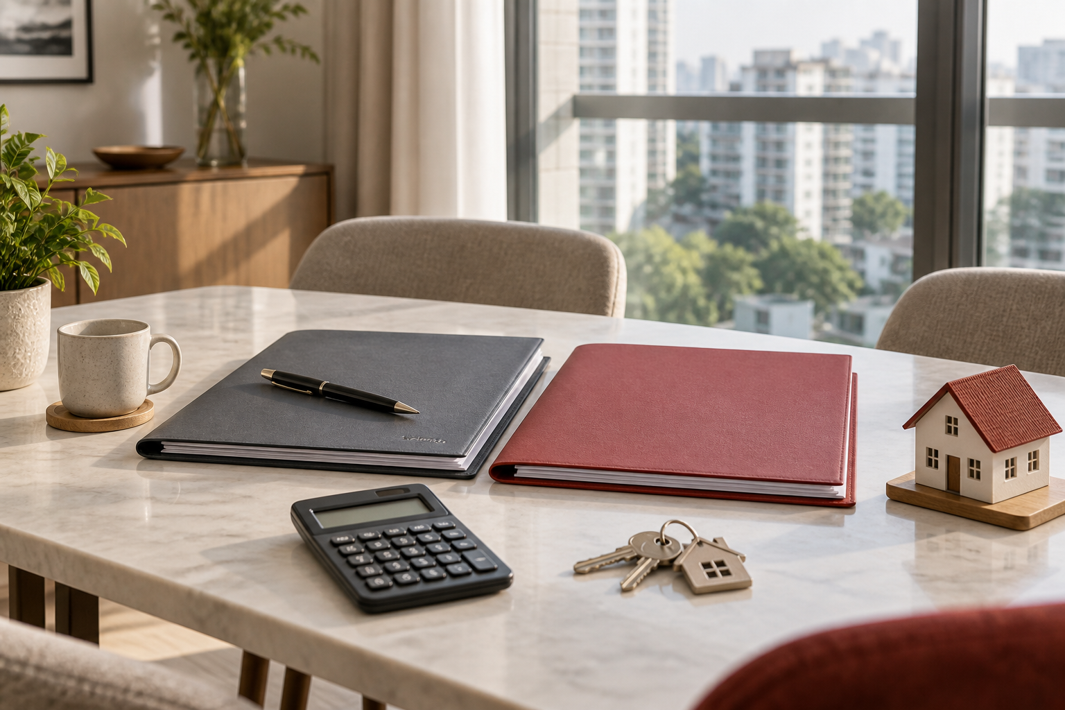 Home-loan documents, calculator, keys and model home arranged for a repricing and refinancing comparison