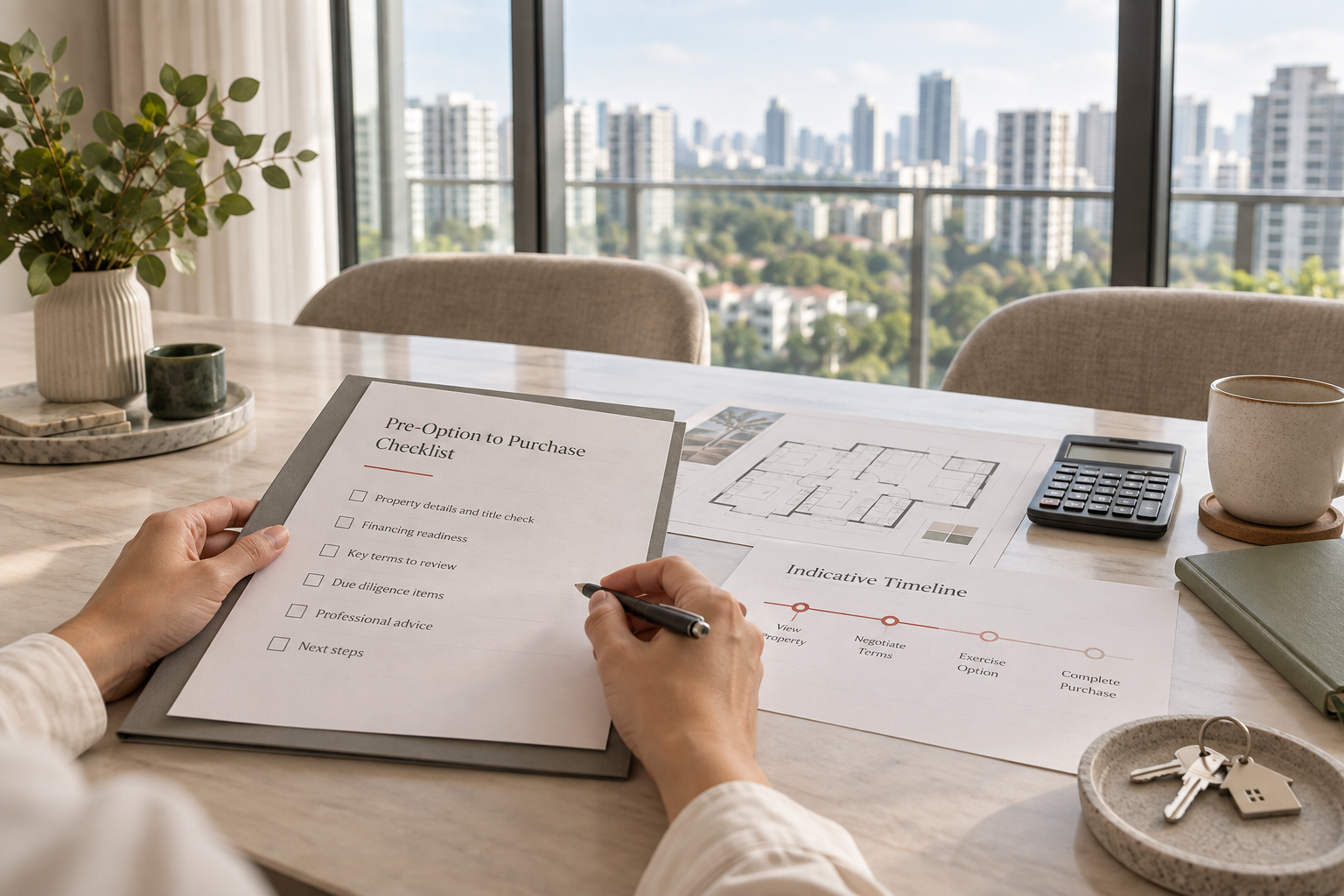 Singapore private-property seller reviewing an Option to Purchase checklist, sale figures and completion timeline