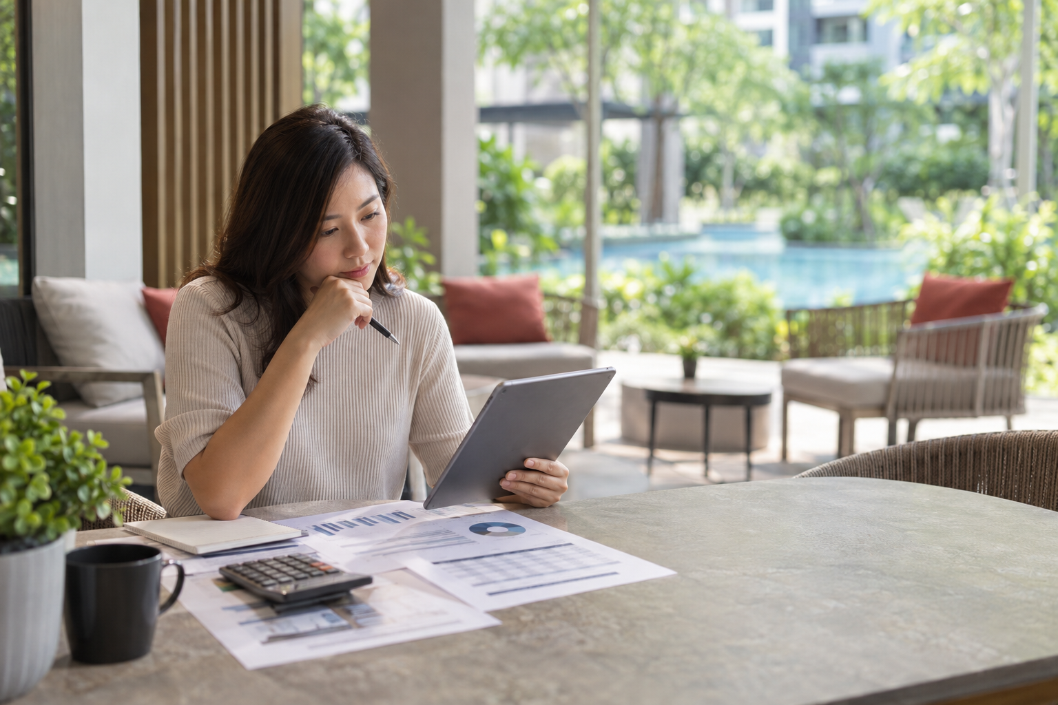 Singapore condo buyer reviewing maintenance contributions, management-fund, sinking-fund and planned-maintenance records before purchase