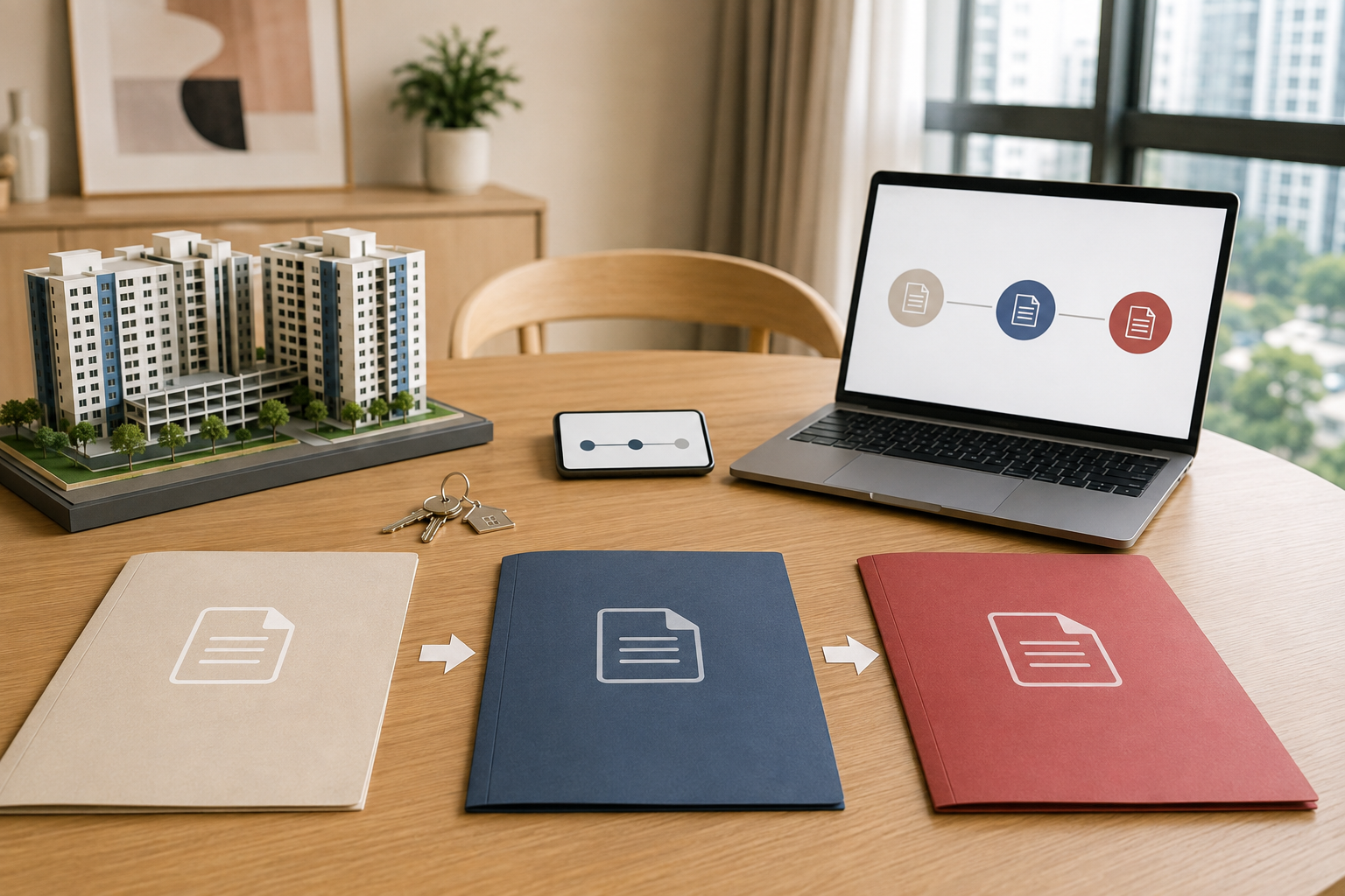 Home keys and three document folders arranged as a financing timeline beside a model of Singapore flats