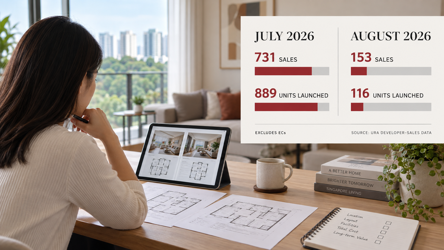 Buyer comparing Singapore condominium options beside July and August 2026 developer-sales and launch-supply figures