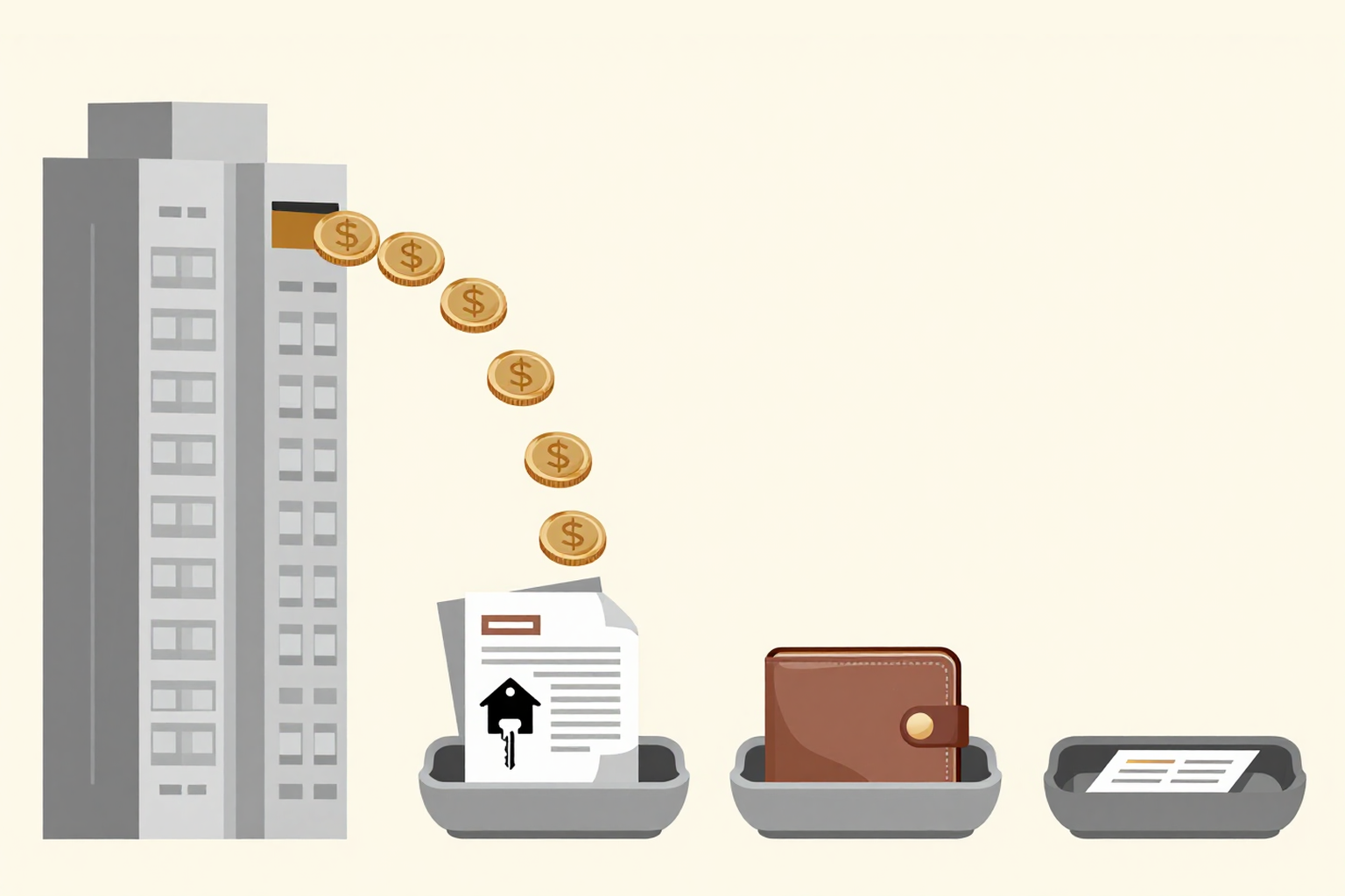 Illustration of coins flowing from a Singapore condominium into the first of three trays, which holds a loan document and house key, followed by a tray with a wallet and a tray with a document