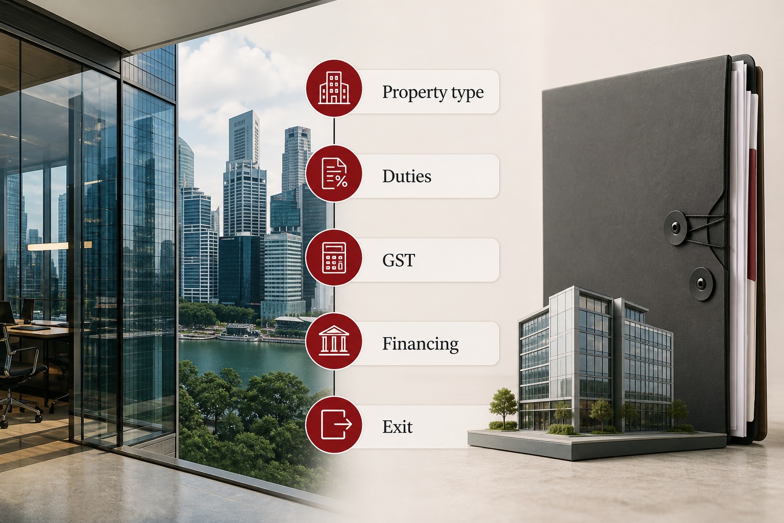 Editorial graphic showing property type, duties, GST, financing and exit checks for a Singapore company property purchase