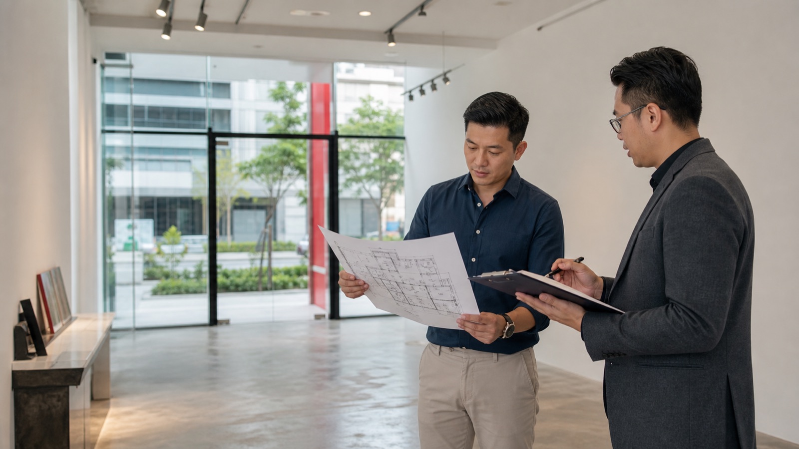 Business owner reviewing approved use, title, tax, management and financing checks before buying commercial property in Singapore