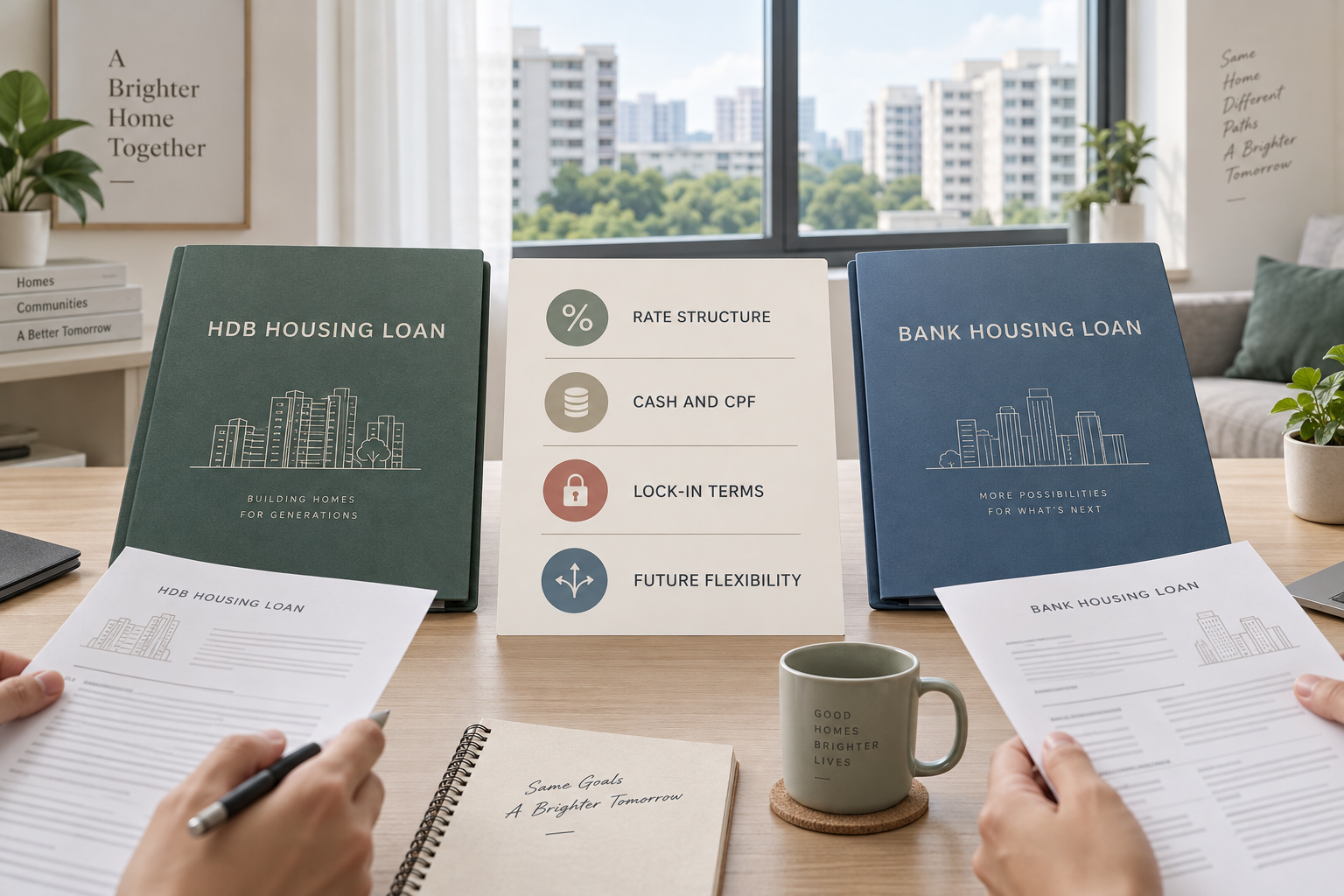 HDB buyer comparing HDB and bank housing-loan documents for rates, downpayment and repayment flexibility