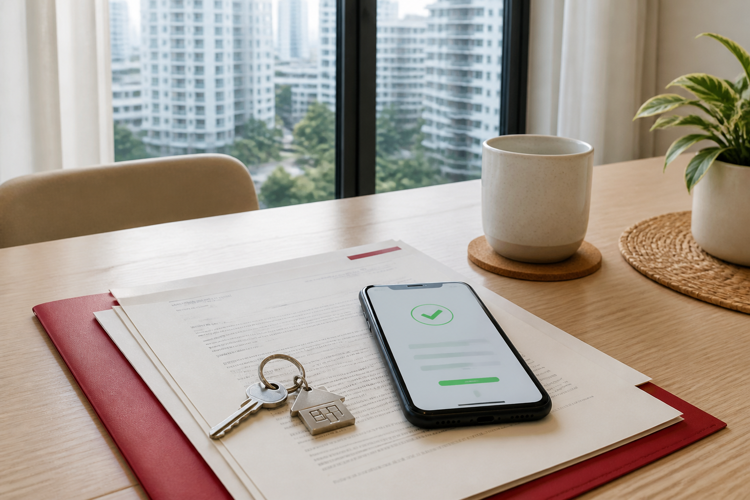 Property sale documents, house keys and a phone showing a successful electronic payment in a Singapore home