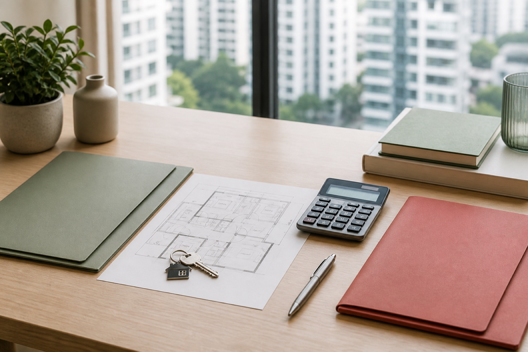Property folders, a floor plan, calculator and house keys representing property planning after divorce in Singapore