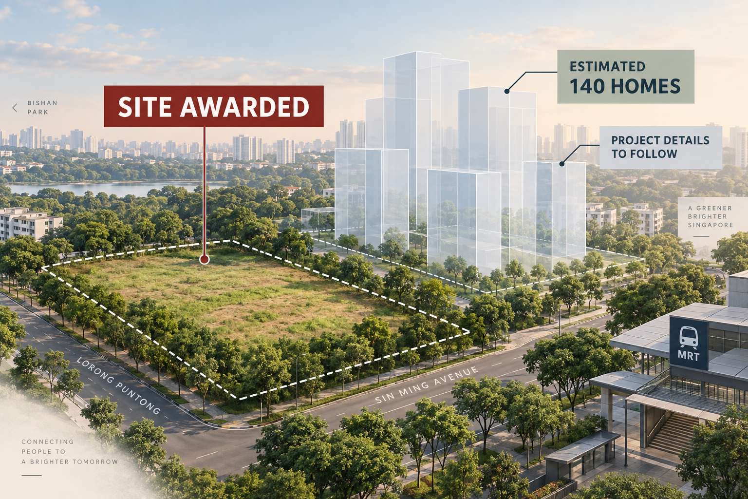 Editorial illustration explaining the awarded Sin Ming residential site, its estimated 140-home yield and the future project details still awaiting confirmation