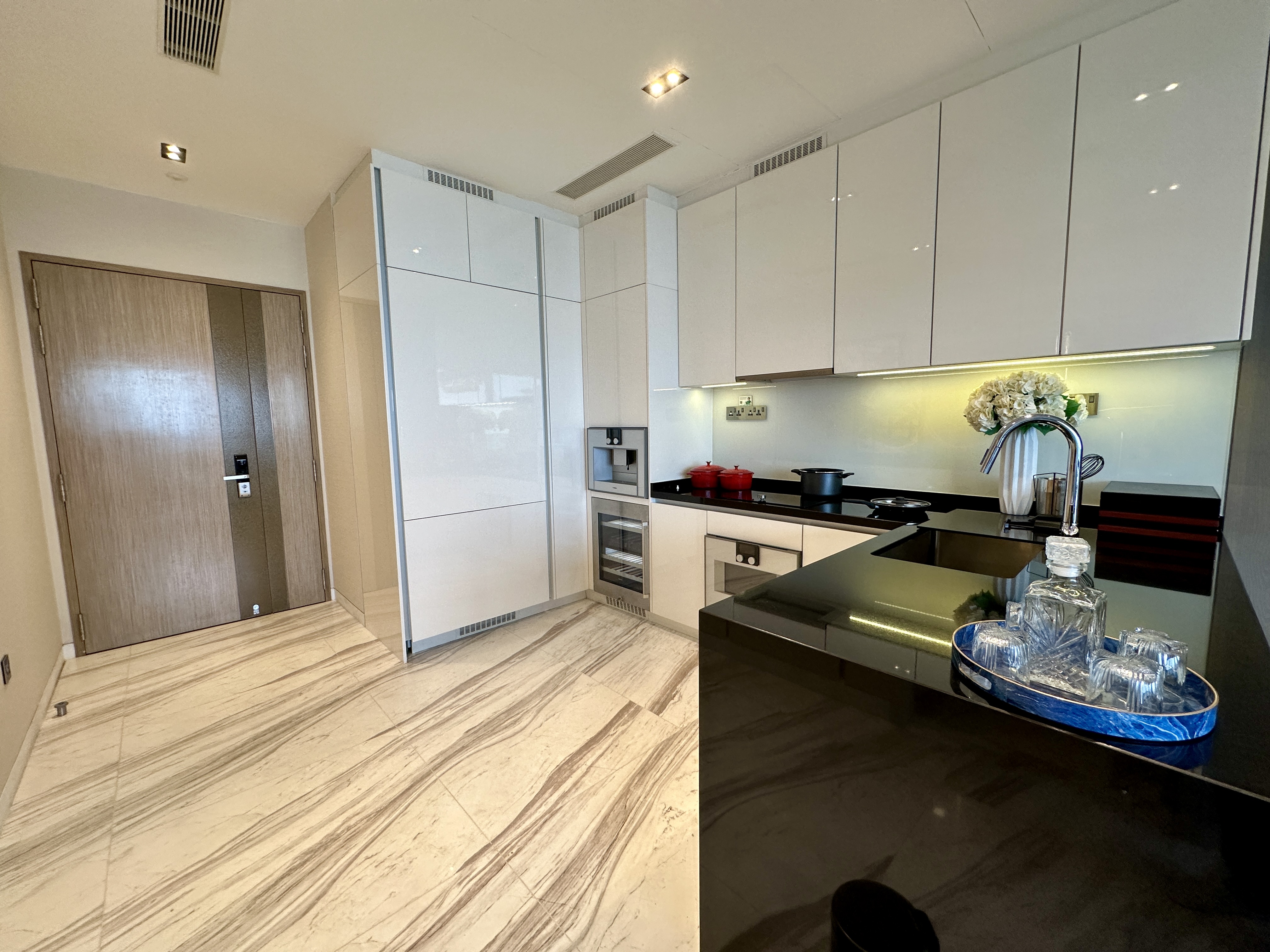 Wallich Residence luxury kitchen with marble flooring and integrated cabinetry