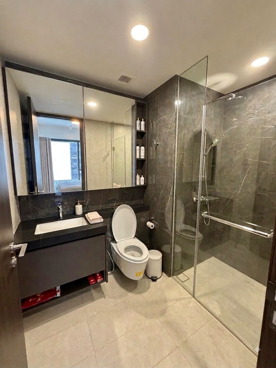 Bathroom with glass shower and vanity in the Parc Clematis unit