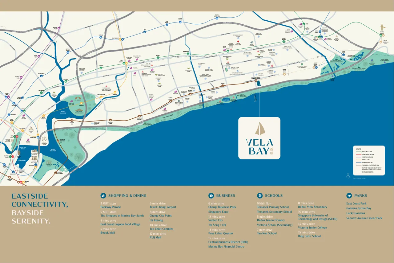 Location map showing Vela Bay at Bayshore Walk and the Bayshore MRT