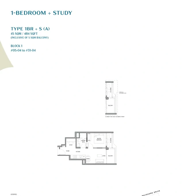 Vela Bay 1-bedroom plus study Type 1BR + S (A) floor plan
